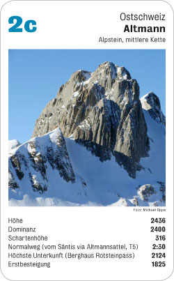 Gipfelquartett, Volume 1, Karte 2c, Ostschweiz, Altmann, Alpstein, mittlere Kette, Foto: Michael Oppe. Gipfelquartett, Volume 1, Karte 2c, Ostschweiz, Altmann, Alpstein, mittlere Kette, Foto: Michael Oppe.