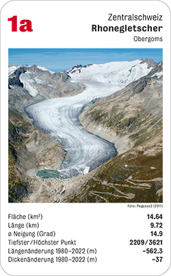 Gletscherquartett, Volume 1, Karte 1a, Zentralschweiz, Rhonegletscher, Obergoms, Foto: Pegasus2 (2011).